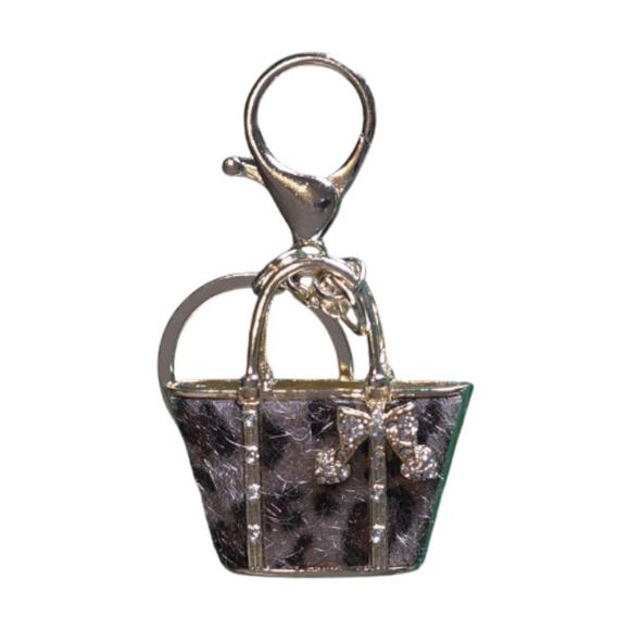 Unbranded Accessories - Cheeta Print Gold & Brown Sculptural Handbag Charm Keyring Bow & Rhinestone NWT